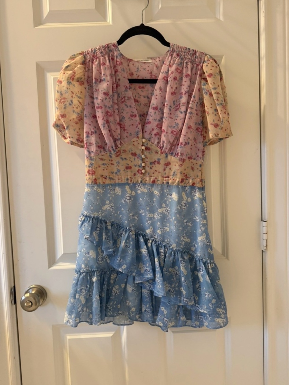 Floral Patchwork Mini Dress - Pink, Yellow & Blue